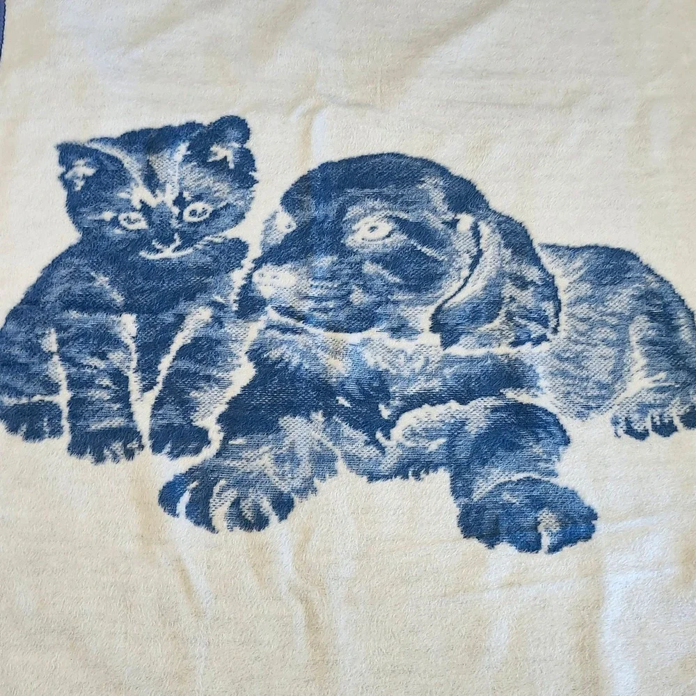Vintage Ibena Blanket Blue Puppy Kitten Reversible Cottagecore Appx. 60x73